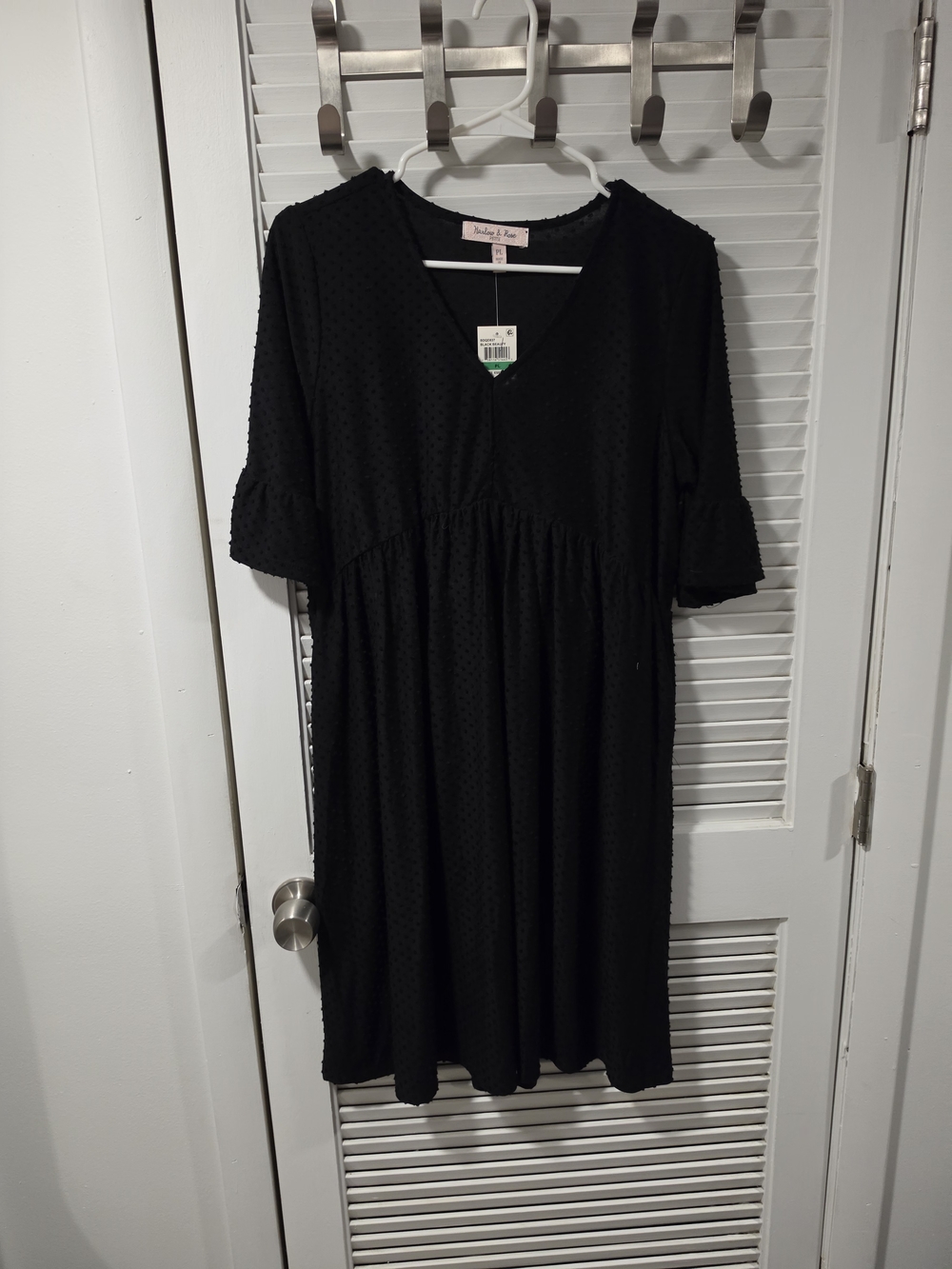 Black Textured V-Neck Babydoll Dress -